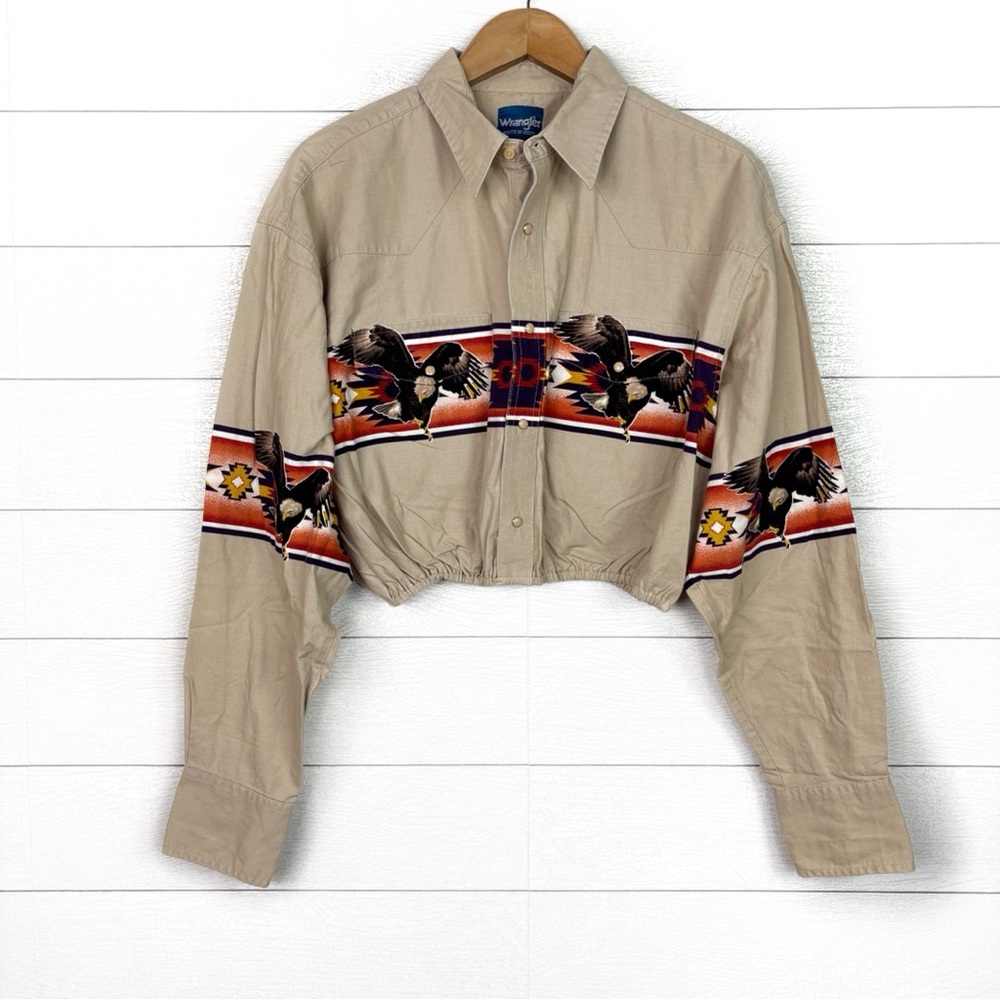 Vintage Wrangler Western Snap Shirt Eagle Print Cropped Tan